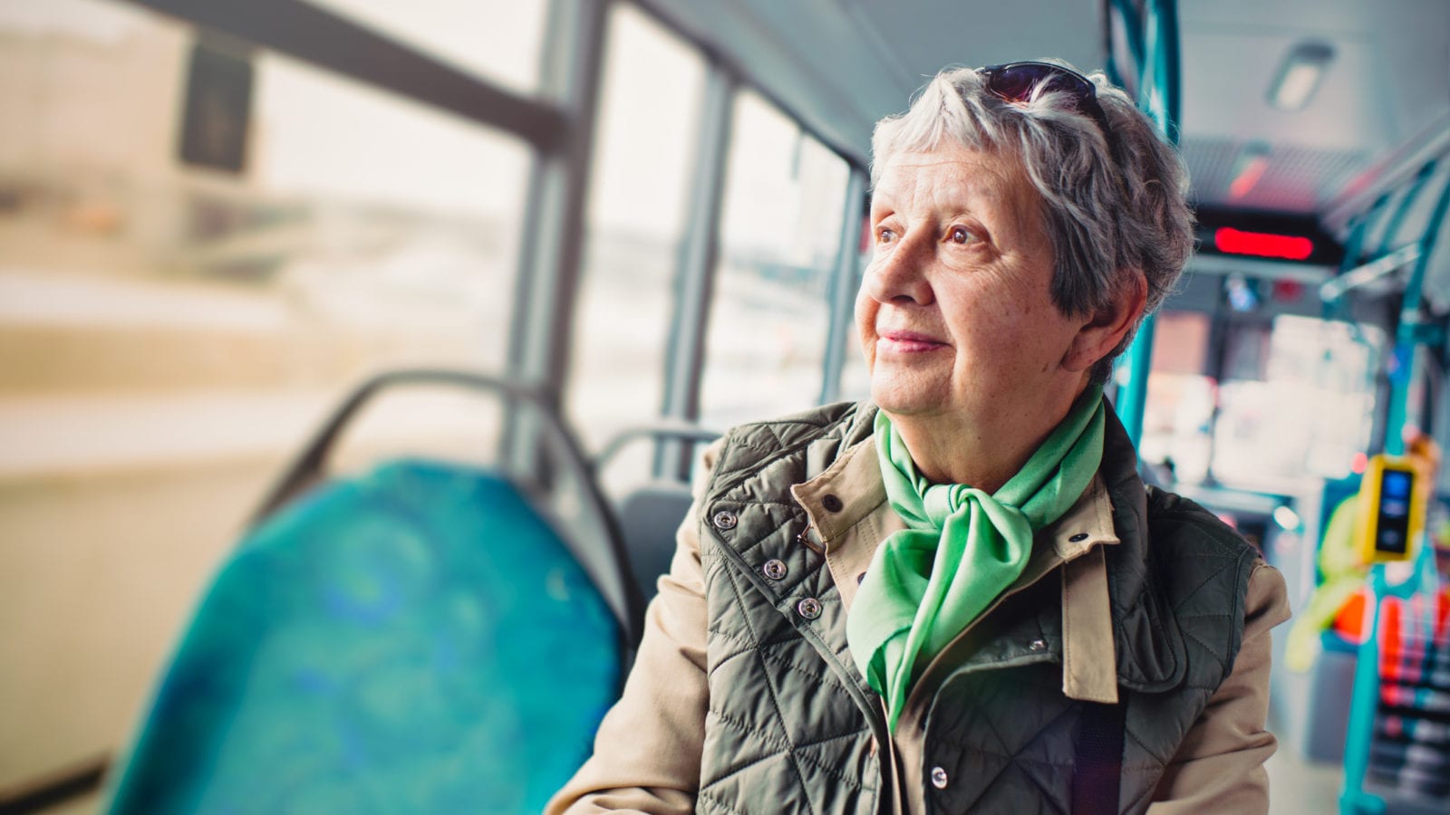 Senior Woman On The Bus Stock Photo